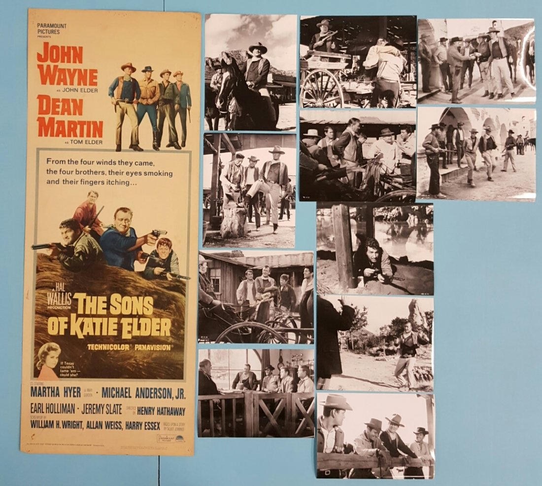 The Sons Of Katie Elder 1965 Insert & Photos: (Paramount) 1965 lot of 11 black & white photos and a movie poster insert. Starring John Wayne and Dean Martin. The insert is unrestored rolled (no folds) and very presentable with pinholes, some edge
