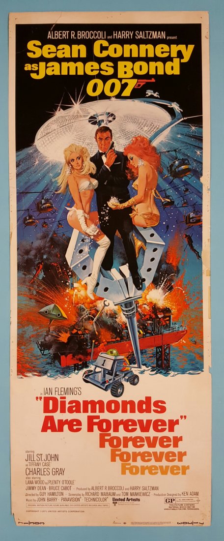 Diamonds Are Forever 1971 Insert Movie Poster: (United Artists) Starring Sean Connery. This insert has never been folded. It is unrestored with pinholes, edge wear, nicks, & paper loss. Some stains at the bottom. A 1.5" tear at the top and a 5" te
