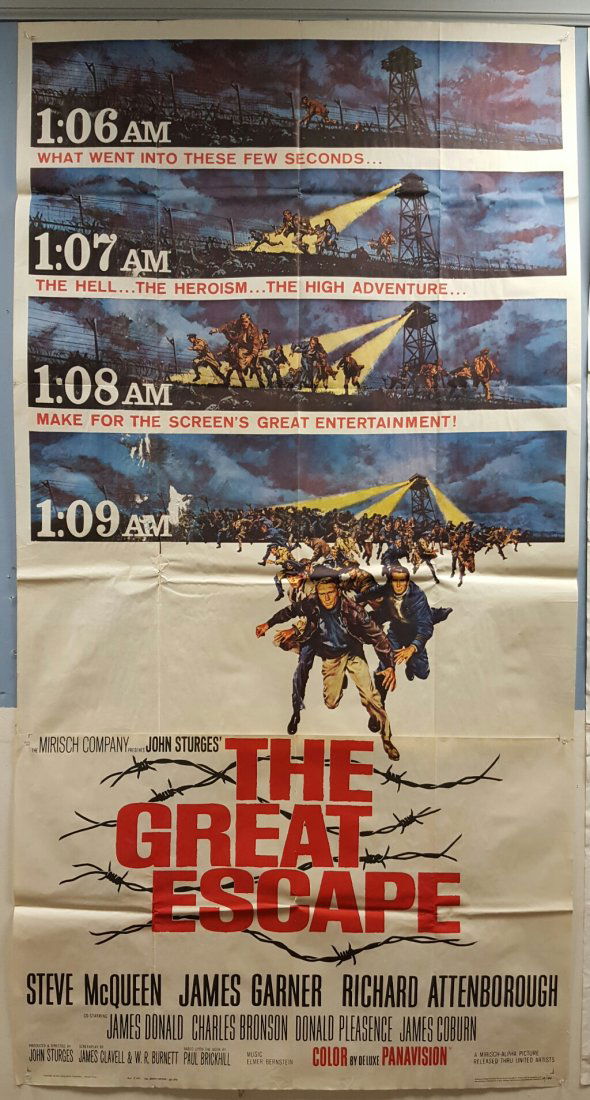 The Great Escape (1963) 3 sheet Movie Poster: (United Artist) Starring Steve McQueen, James Garner, Charles Bronson, & Richard Attenborough. One of the best WW2 Pow escape movies of all time. This is a folded 3 sheet poster with some edge and fol
