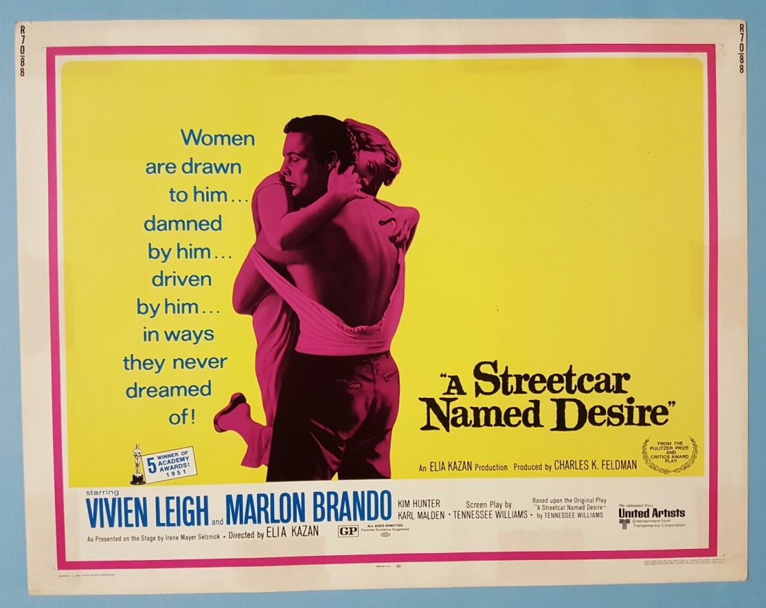 A Streetcar Named Desire R-1970 Half Sheet Movie Poster: (United Artist Re-Release) Starring Marlon Brando & Vivien Leigh. This is an 22" x 28" half sheet unrestored poster (no folds) in very presentable condition with a couple minor spots, minor edge wear,