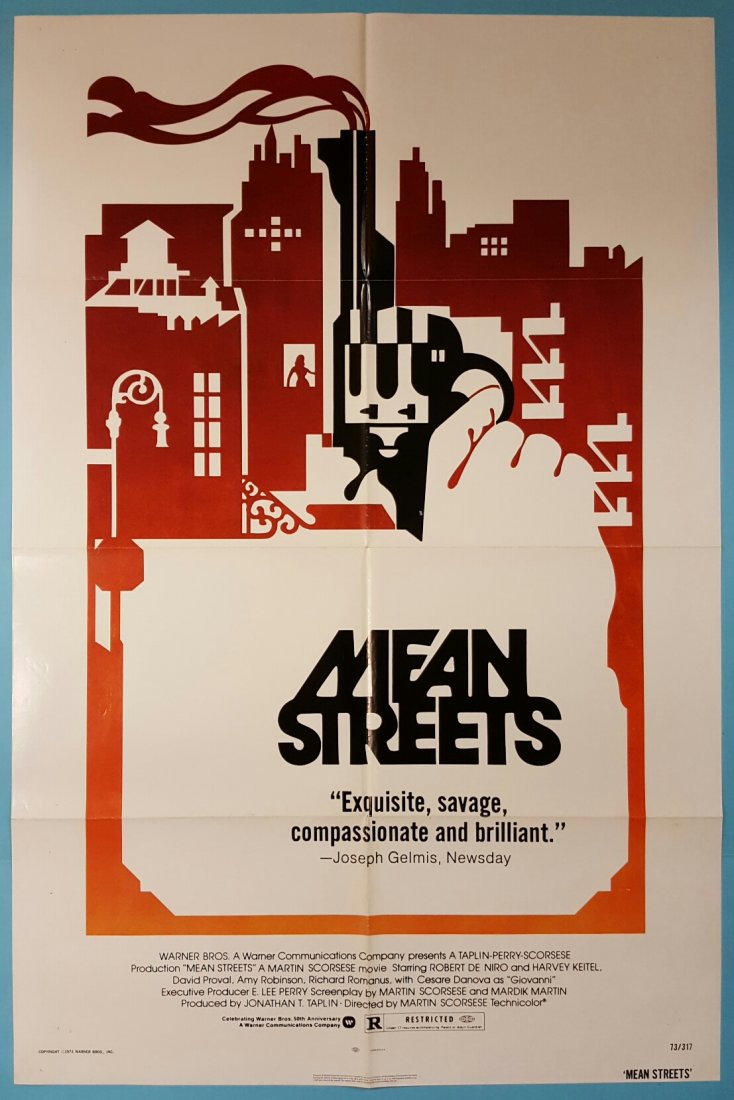 Mean Streets 1973 One Sheet Movie Poster 27" x 41": (Warner Bros.) Starring Robert De Niro & Harvey Keitel This is a folded unrestored poster in very presentable condition with minor fold wear and some discoloration on the fold, one staple in each corn
