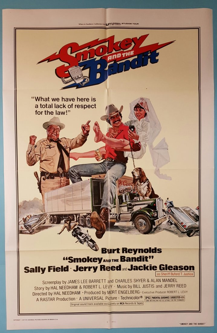 Smokey and the Bandit 1977 One Sheet Movie Poster: (Universal) Starring Burt Reynolds, Sally Field, Jerry Reed, & Jackie Gleason. This is a folded unrestored poster in excellent condition with minor fold wear and a small speck in the fold. This poster