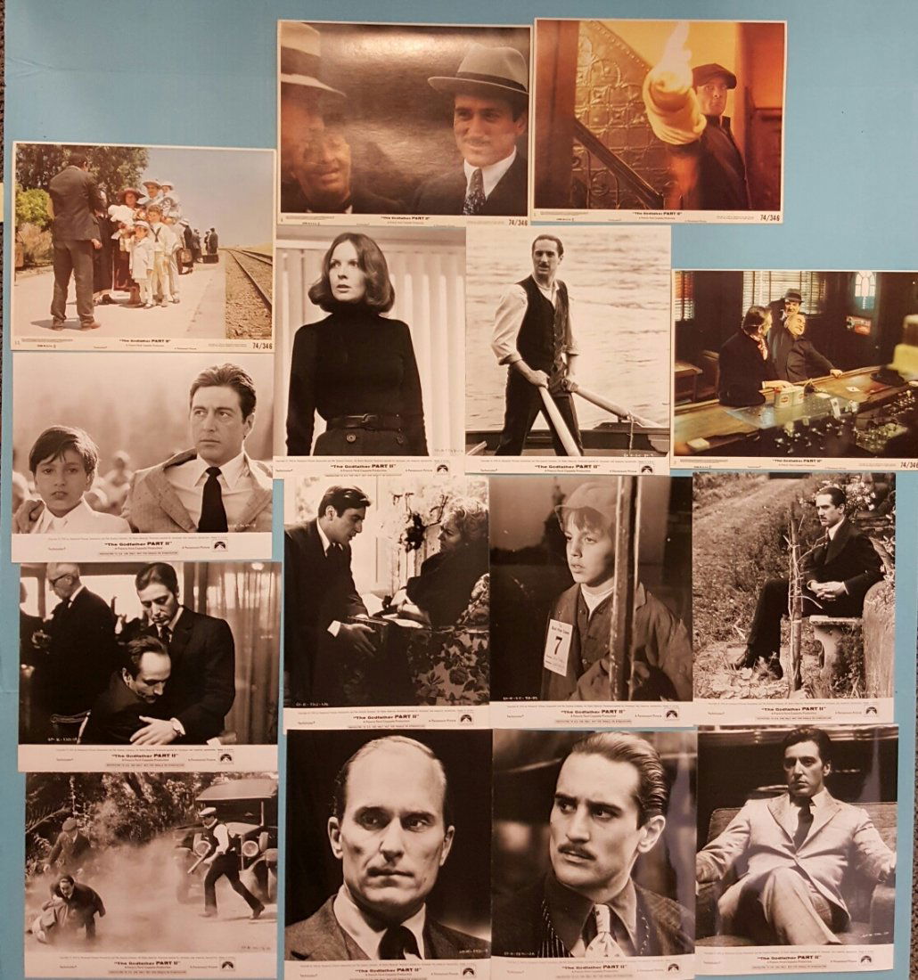 The Godfather II 1974 (15) Mini Lobby Cards & Photos: (Paramount)Starring Al Pacino, Robert Duvall, Diane Keaton, & Bobert De Niro. Set of 15 mini lobby cards and photo stills from the movie. A couple of the cards have a minor crease and the photos are i