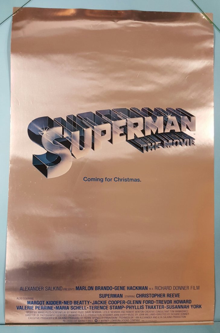 Superman the Movie 1978 Mylar 26" x 40" Movie Poster: (Warner Bros.) Starring Marlon Brando, Gene Hackman,& Christopher Reeve. This is a folded unrestored heavy stock poster with minor edge wear and surface scuffs. This is a very nice presentable poster.