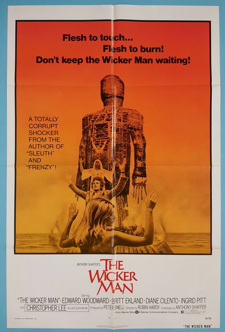 The Wicker Man 1974 One Sheet Movie Poster 27" x 41": (Warner Bros.) Starring Edward Woodward, Britt Ekland, Diane Cilento, Ingrid Pitt, & Christopher lee. This is a folded unrestored poster with bright color in excellent condition with light fold wear.