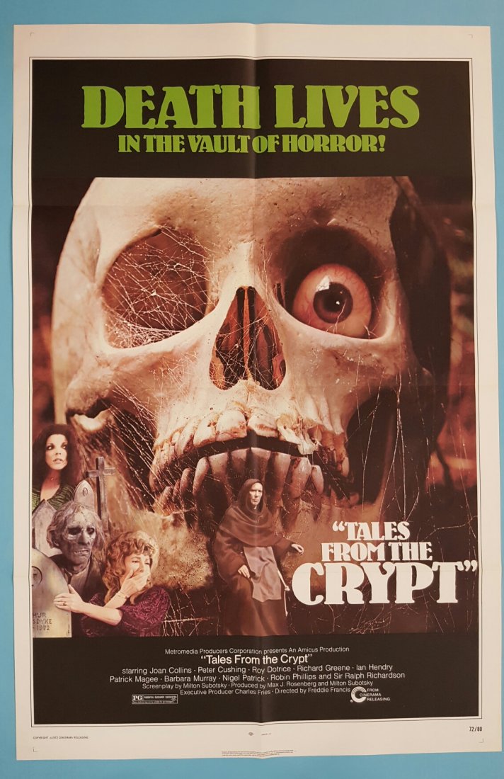Tales From The Crypt 1972 One Sheet Movie Poster: (Cinerama) Starring Joan Colling Peter Cushing, Roy Dotrice, & Richard Greene. This is a folded unrestored poster with bright color in excellent condition. Looks unused but may have other very minor i