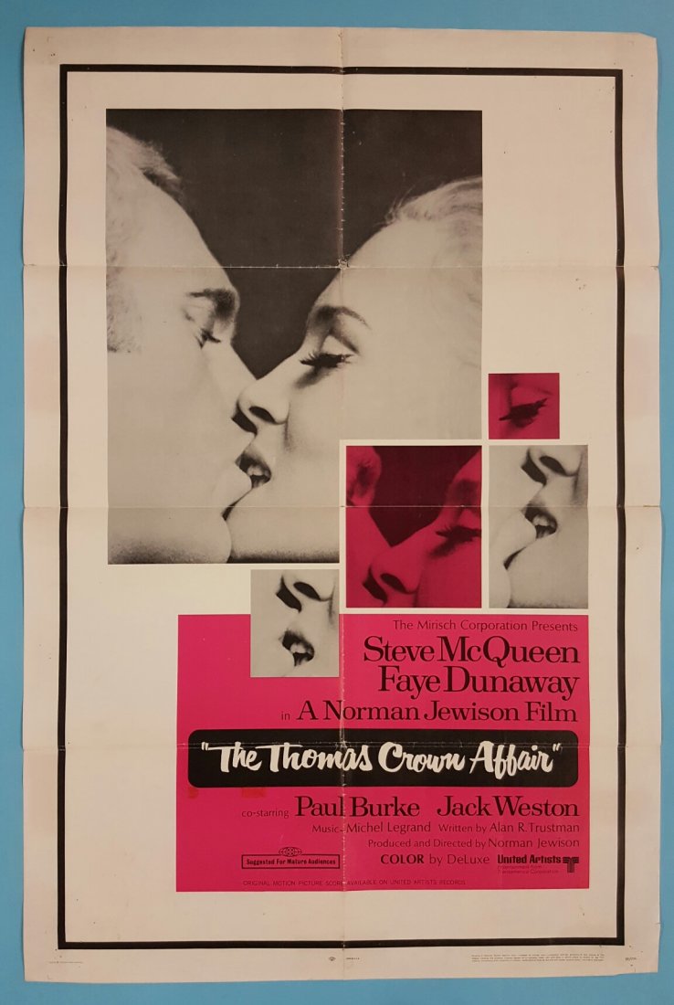 The Thomas Crown Affair 1968 One Sheet Movie Poster: (United Artists) Starring Steve McQueen & Faye Dunaway. This is a folded unrestored poster in used condition with fold and edge wear, crossfold separation, pinholes, pinholes, & some stains. May have