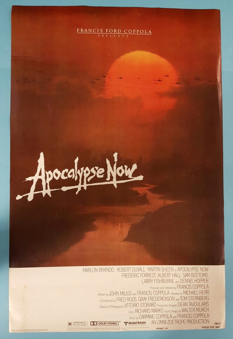 Apocalypse Now 1979 Advance 1 Sheet Movie Poster: (United Artists) Starring Marlon Brando, Robert Duvall, Martin Sheen. This is a rolled unrestored poster in excellent condition with minor edge wear and creases. There are some stains at the bottom of
