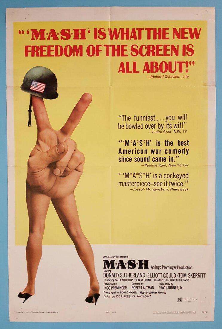 Mash 1970 One Sheet Movie Poster 27" x 41": (20th Century Fox) Starring Donald Sutherland, Elliott Gould, & Tom Skerritt. This is a folded unrestored poster in very presentable condition with some edge & fold wear, crossfold separation, pinhole
