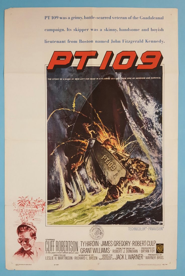 PT 109 1963 One Sheet Movie Poster: (Warner Bros.) Starring Cliff Robertson. This is a folded unrestored poster in excellent condition dislaying great colors with minor edge wear and small stains at the bottom. This is a very presentabl