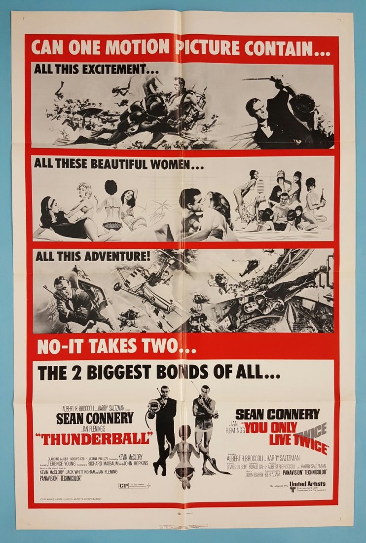 Thunderball / You Only Live Twice 1970 Movie Poster: (United Artists) Starring Sean Connery. This is a folded unrestored Poster in excellent condition minor separation at the cross fold.