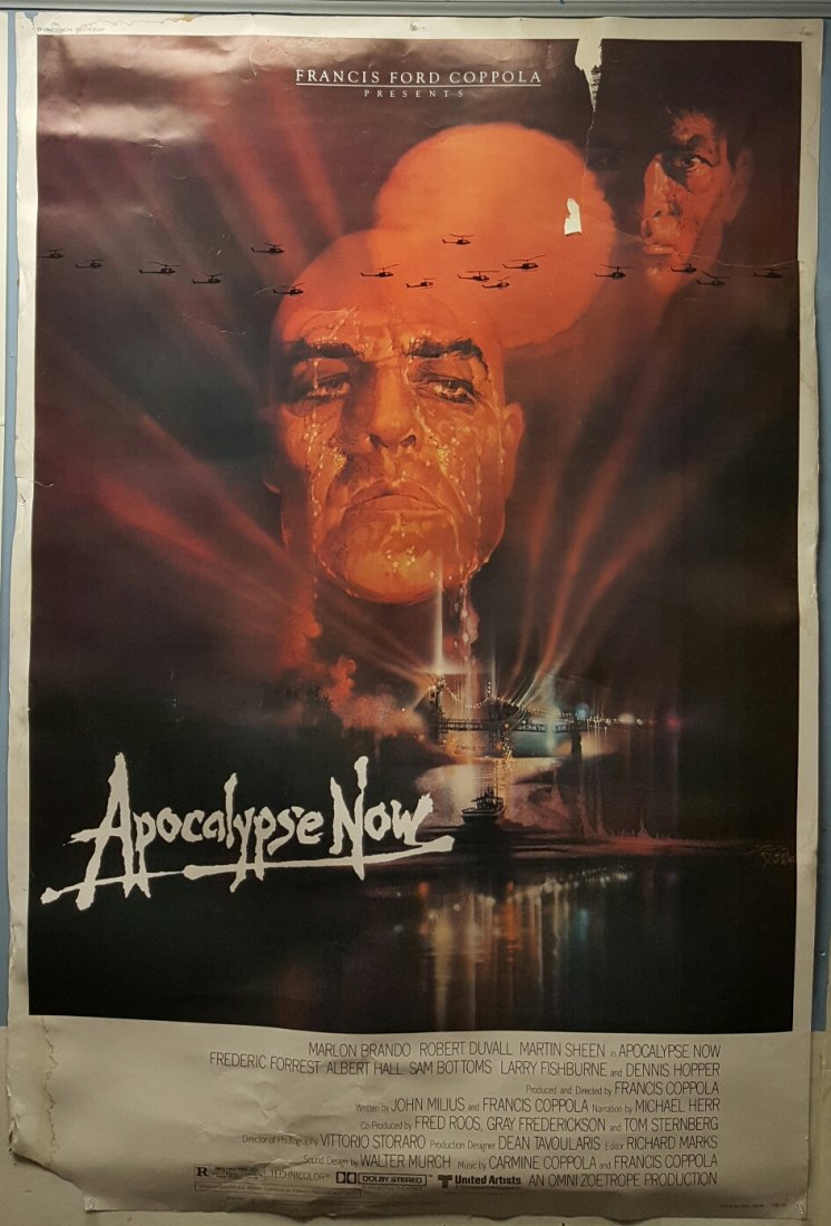 Apoclalypse Now 1979 40" x 60" Movie Poster: (United Artists) Starring Marlon Brando, Robert Duvall Martin Sheen. This is a rolled unrestored heavy stock poster in presentable condition with a large tear in the top right corner with tape on the
