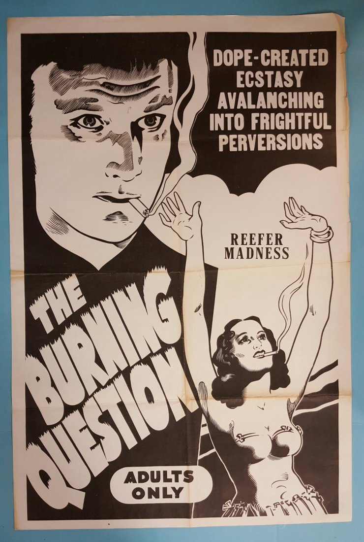 Reefer Madness R-1960's One Sheet Movie Poster: (Motion Picture Ventures) This is 1960's re release retitled The Burning Question. This poster is folded and unrestored with edge wear, fold wear and staining, some tears on the outer border at the to