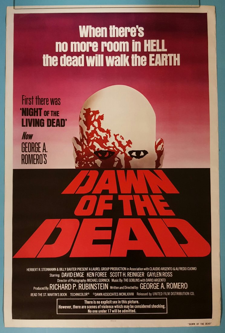 Dawn Of The Dead 1978 One Sheet Movie Poster: (United Film) Starring David Emge, Den Foree, Scott Reiniger, Gaylen Ross. This is a rolled unrestored poster in excellent condition with minor edge wear and a slight bend in the top left corner. Colo