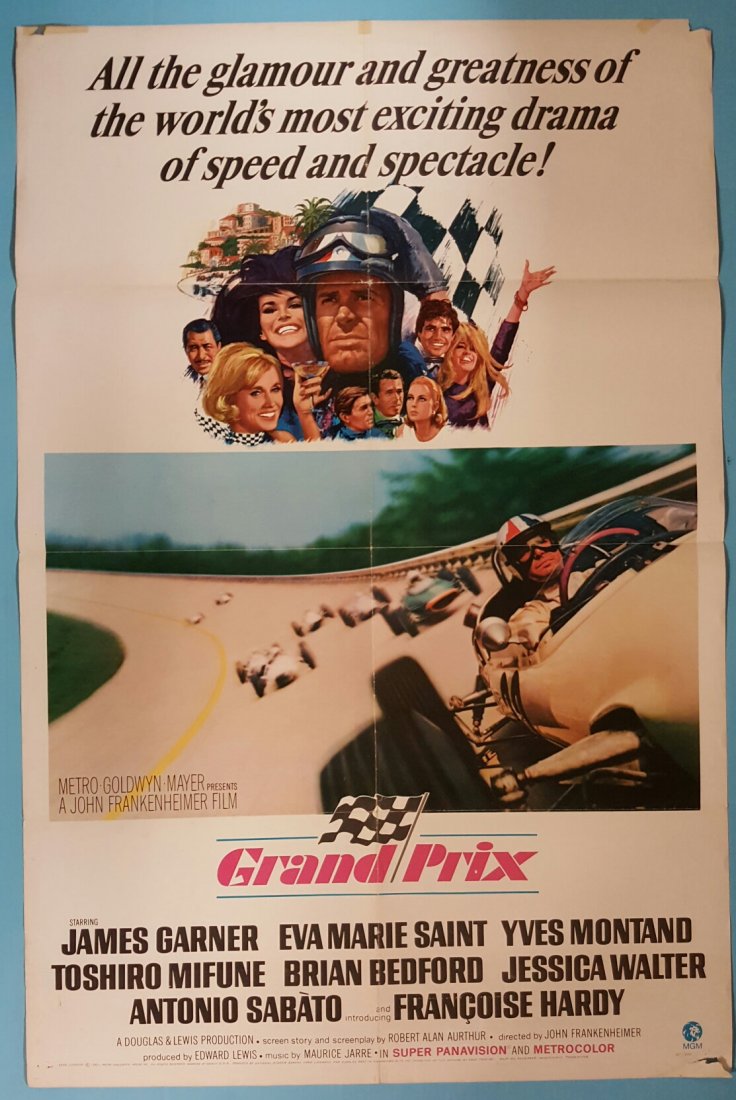 Grand Prix 1967 One Sheet Movie Poster: (MGM) Starring James Garner. This is a folded unrestored poster in very presentable condition minor cross fold separation, fold wear, pinholes, paper loss on bottom & top right corners, Tape on the to