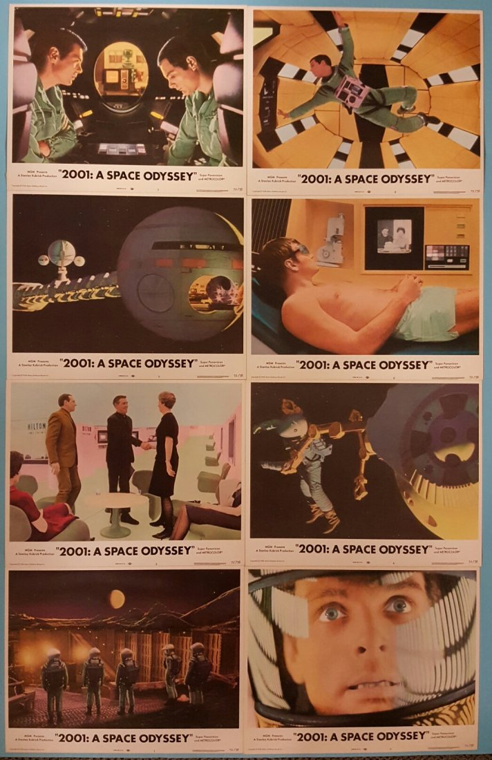 2001 A Space Odyssey R-72 (8) Lobby Card Set: (MGM) Set of 8 1972 reissue lobby cards. The cards are in excellent condition with staple holes in the corners.