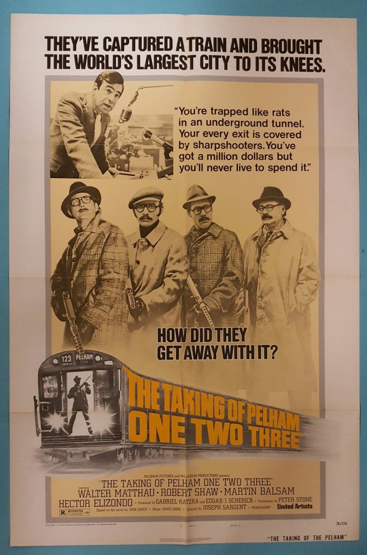 The Taking Of Pelham One Two Three 1974 Movie Poster: (United Artists) Starring Walter Matthau, Robert Shaw, Martin Balsam, & Hector Elizondo. This is a folded unrestored poster in very presentable condition with minor fold wear. Over excellent condition