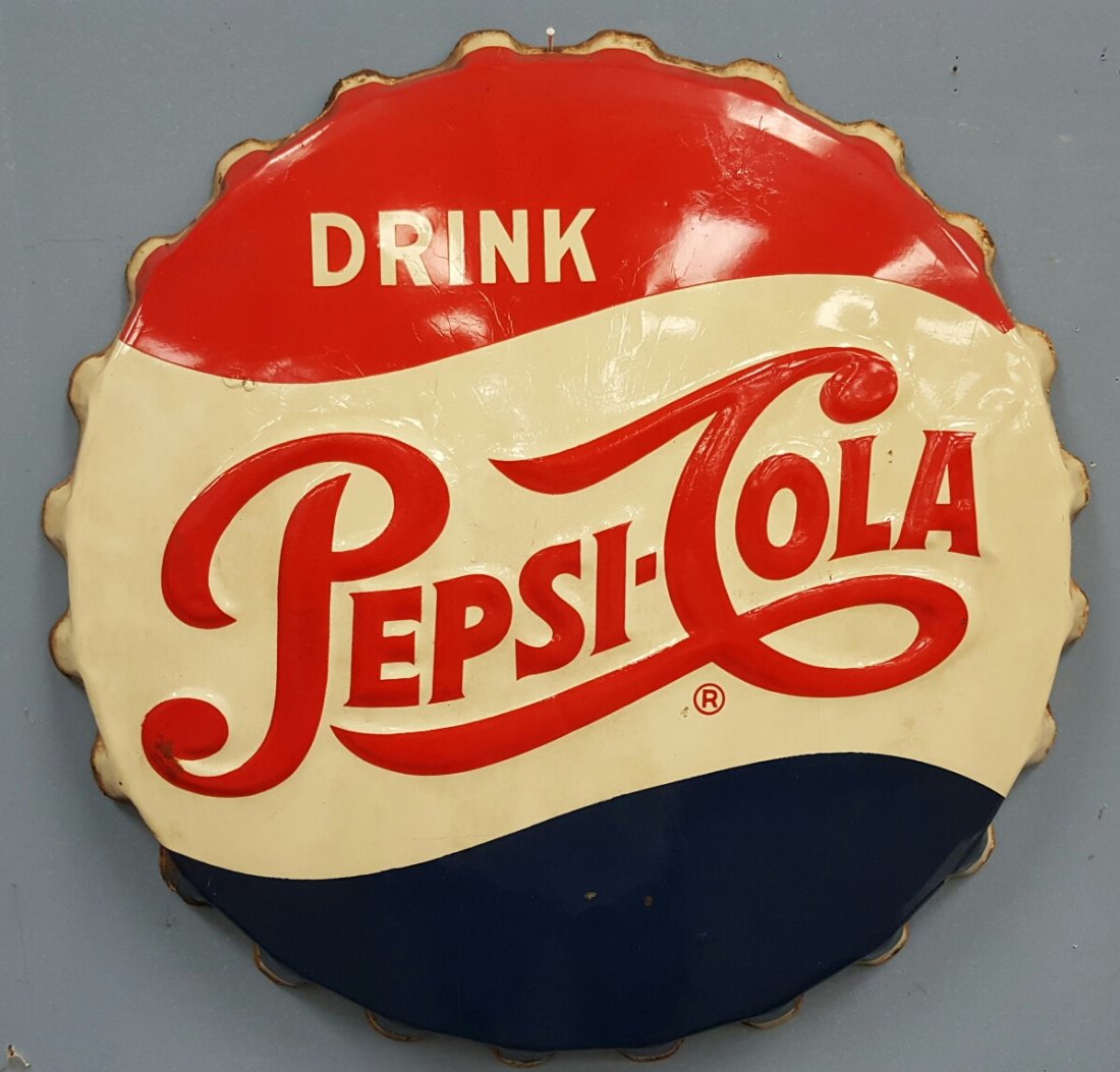 1958 Pepsi Cola Bottle Cap Sign 18": Embossed Pepsi with bright colors and overall nice appearance.