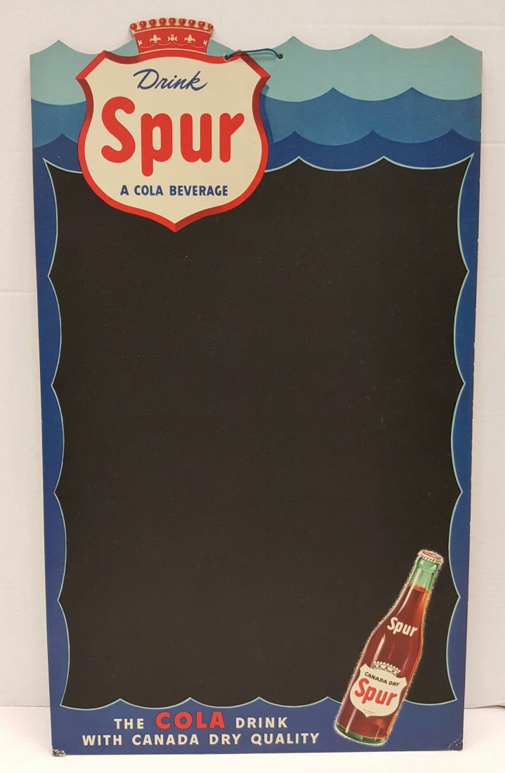 NOS Drink Spur Cardboard Chalk Board: 16" x 27.5" New old stock chalk board sign with Spur logo and Bottle graphics. In excellent condition with original hanging string and minor corner damage on bottom two corners from being stored.