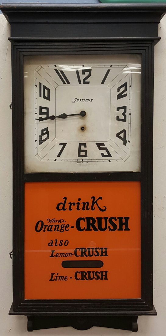 Antique Sessions Clock w/ Orange Crush Glass Front: Working Sessions clock with pendulum and key. The clock has an Orange Crush glass front with a window makes the pendulum visible.