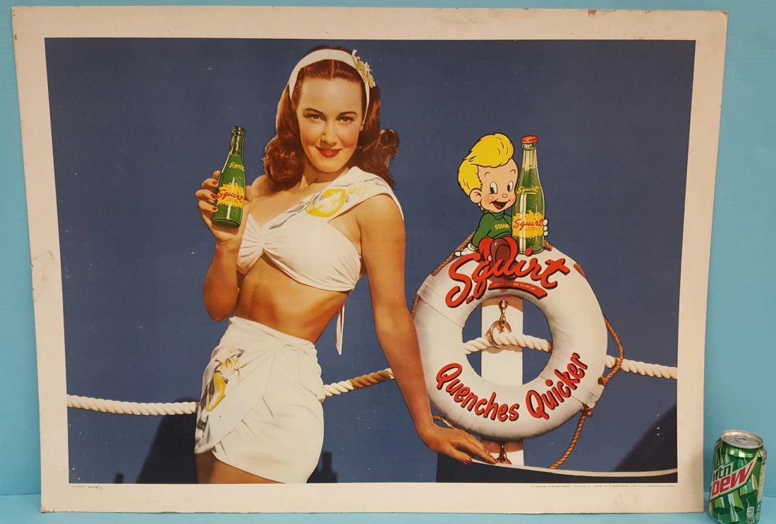 1947 Squirt Quenches Quicker Cardboard Sign: 37" x 27" cardboard with girl swimsuit model & the Squirt mascot.