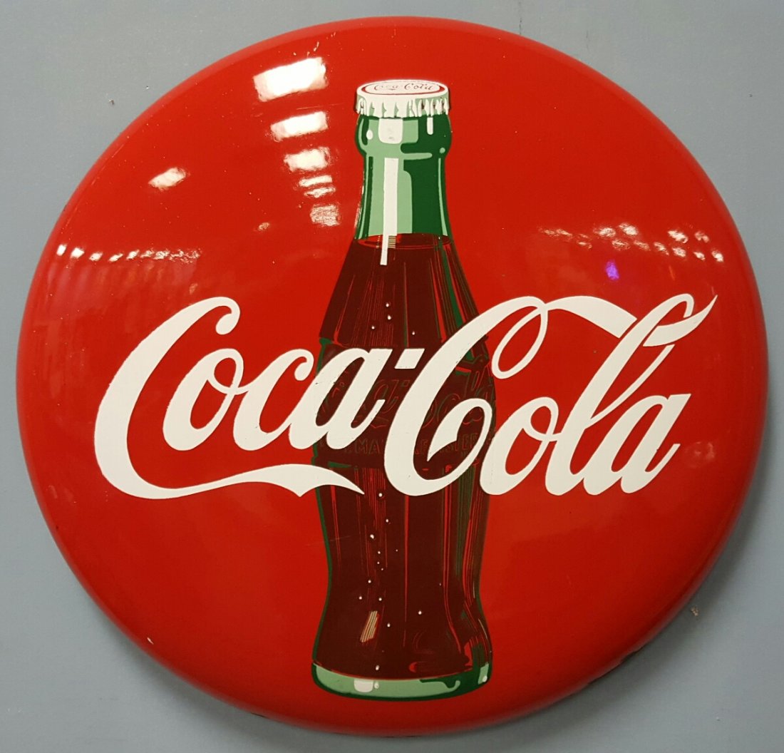 24" Coca Cola Porcelain Button Sign w/ Bottle: Super color and shine on the porcelain button with the Coke bottle in the center. There is some porcelain loss and chips along the edge of this sign as well as some excess paint.