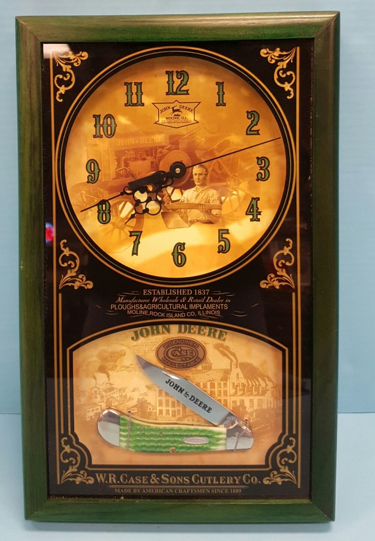 Case Knife John Deere Knife & Clock Set: 9" x 15"h John Deere Clock with a Case XX John Deere Knife in wood framed display with glass front. The knife is a Case handcrafted large Saddlehorn with John Deere green bone and surgical blade.