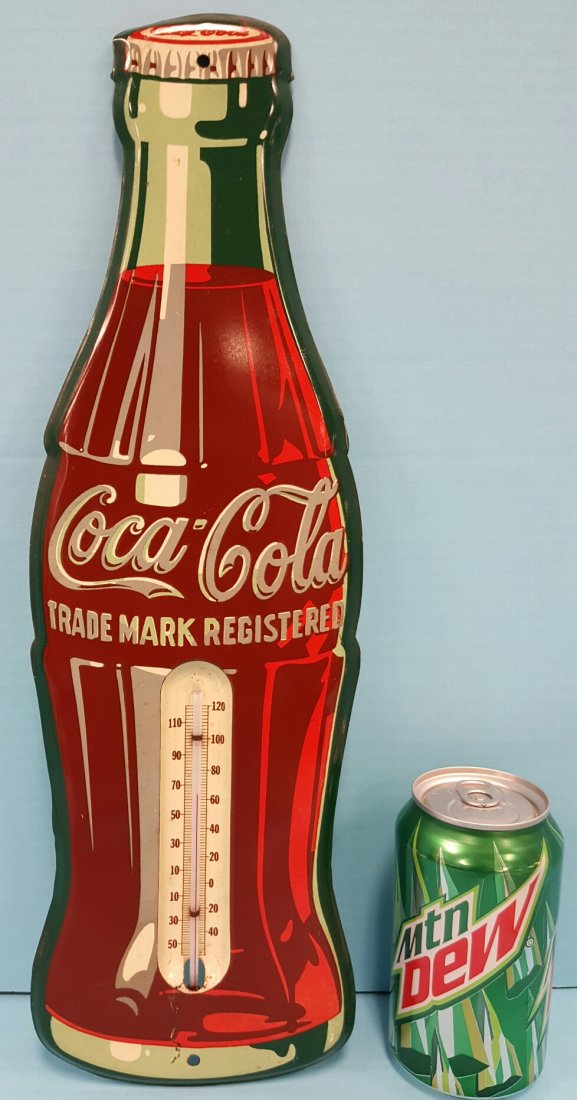 1954 Tin Coca Cola Die Cut Bottle Thermometer: 17" Early thermometer in very good condition with a few scratches at the bottom and other minor scuffs. Please read and understand the shipping and payment terms in this auction before bidding.