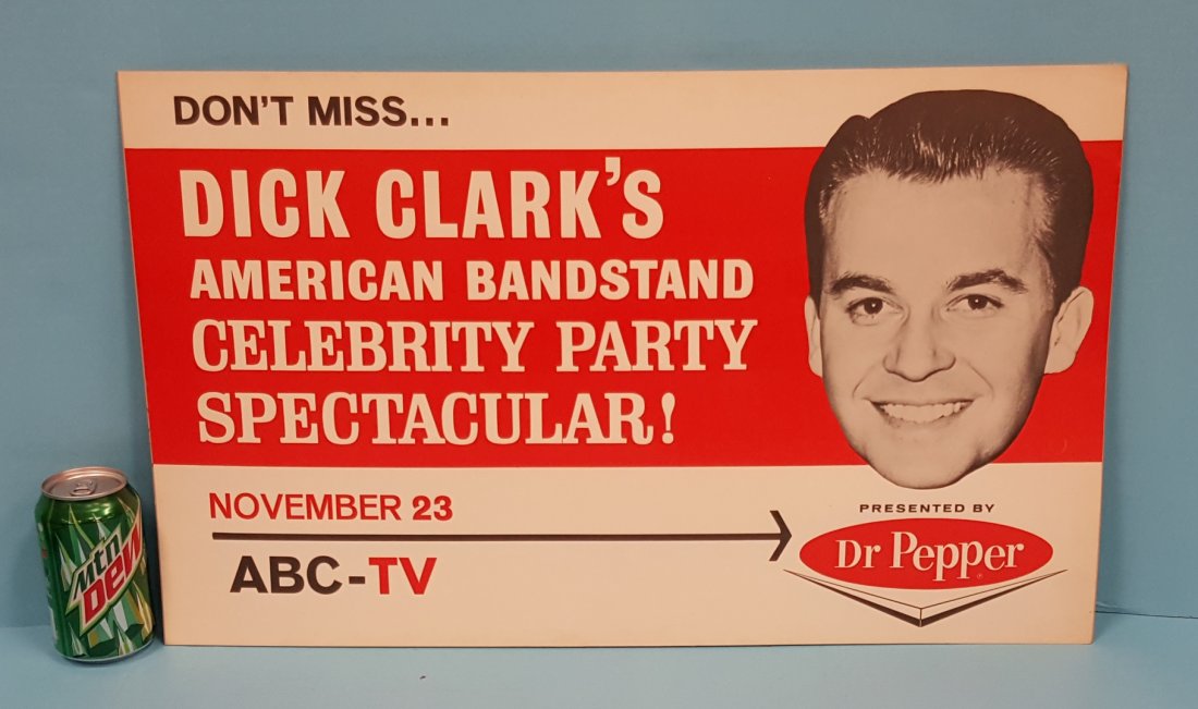 1950's Dr Pepper, Dick Clark, & ABC-TV Sign: 25" x 15" Paper on board sign with young Dick Clark. Very good condition. Please read and understand the payment & shipping terms for this auction before bidding on the items.