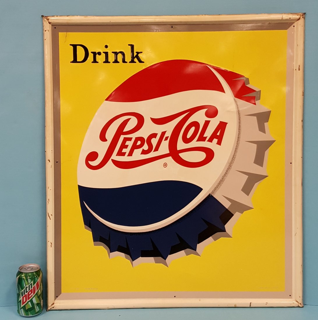 Embossed Drink Pepsi Cola Bottle Cap Sign: 26.5" x 30" Original Pepsi sign in excellent condition with bright colors and minor scuffs or scratches. Made by Stout Sign Co. Please read and understand the payment & shipping terms for this auction