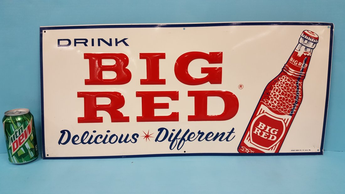 Scarce Drink Big Red Tin Sign: 27.25" x 12.5" New Old Stock embossed tin sign in excellent condition. Please read and understand the payment & shipping terms for this auction before bidding on this item.