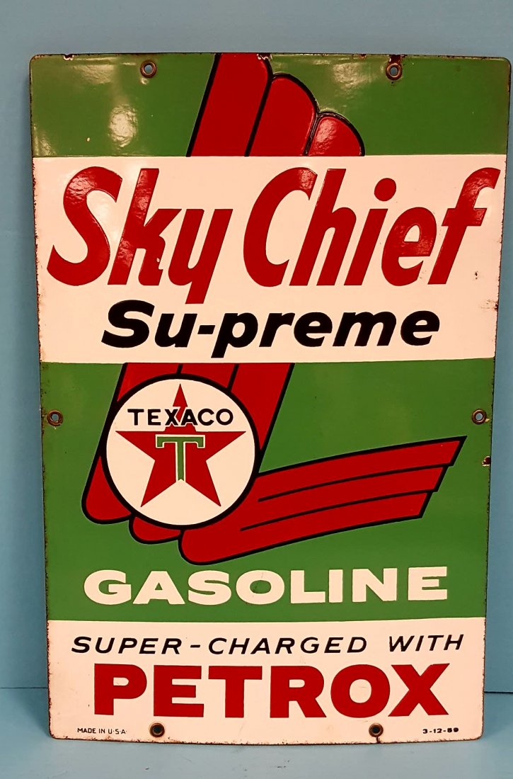 1959 Porcelain Texaco Supreme Sky Chief Pump Plate: 12" x 18" original pump plate in excellent condition with minor scuffs. Please read and understand the payment & shipping terms in this auction before bidding on this item.