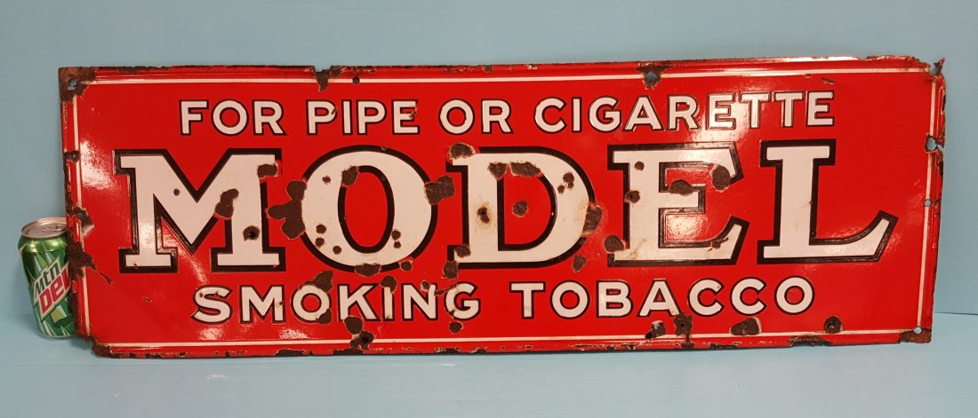 Early Porcelain Model Tobacco Advertising Sign: 36" X 12" original Model Tobacco Sign circa 1920's - 30's with scuffs, scratches, and porcelain chips. Please read and understand the payment and shipping terms for this auction prior to placing bids.