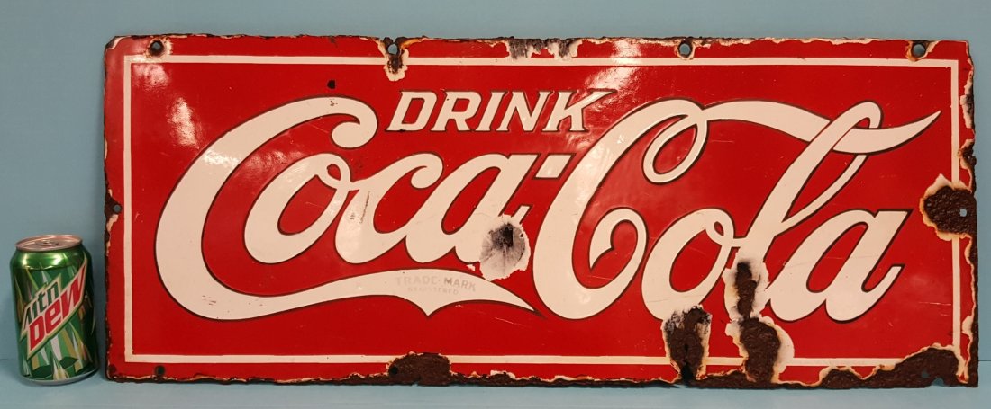 Rare 1920's Porcelain Drink Coca Cola Advertising Sign: 30" x 12" Scarce original porcelain Coca Coca sign by Ingram-Richardson with scuffs, scratches, rust, a few small holes and porcelain chips. Please read and understand the payment and shipping terms f