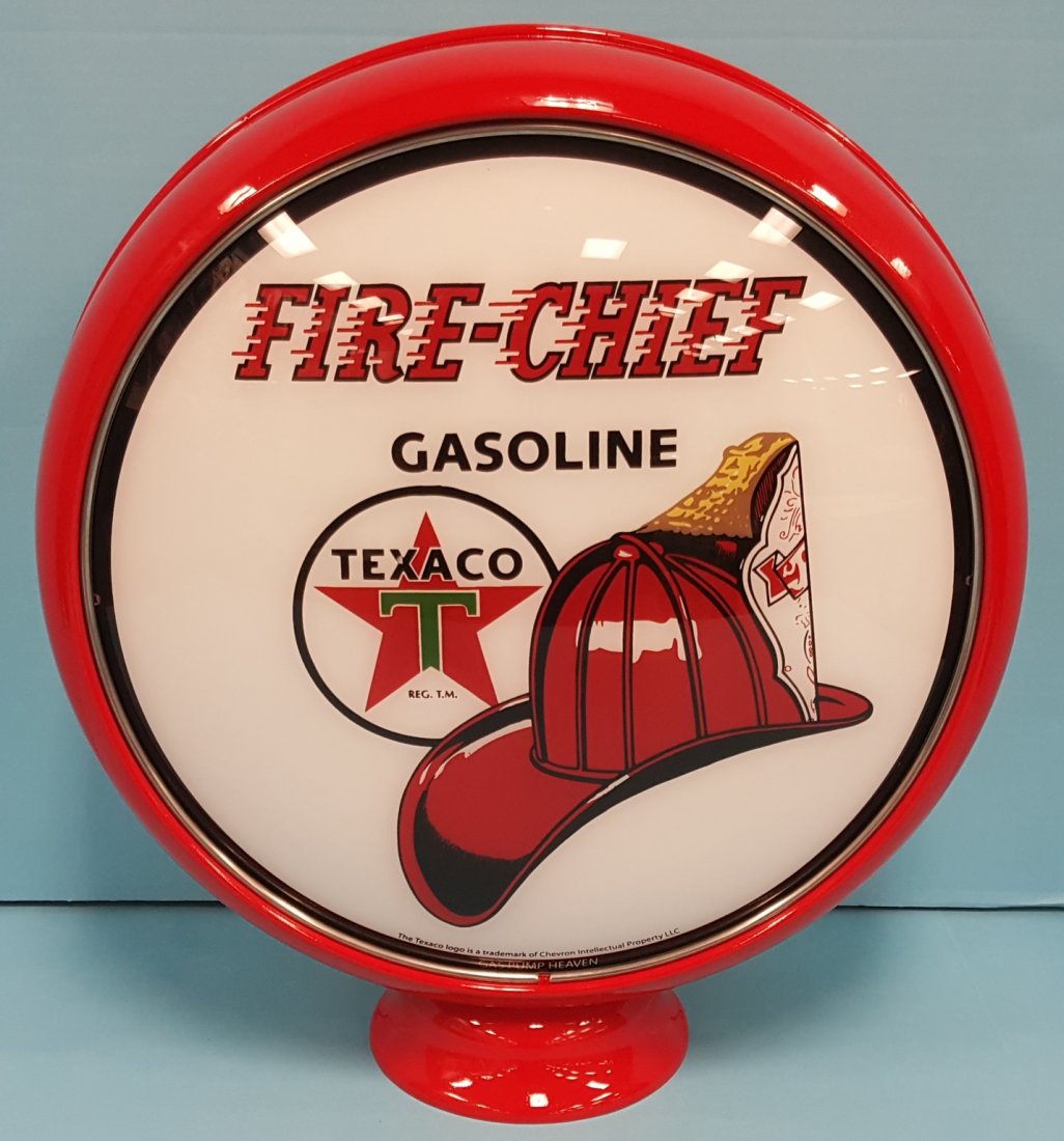 Texaco Fire Chief Gas Pump Globe with metal can: Reproduction 15" Fire Chief glass in metal body with fresh paint. Please read and understand the payment and shipping terms for this auction prior to placing bids.