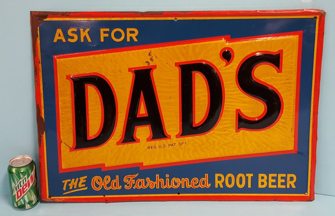 Embossed Dad's Root Beer Tin Sign: 27" x 19" original sign with minor scuffs & scratches. Some Paint loss around the edge. Some residue is still visible from the original protective paper. Please read and understand the payment and shi