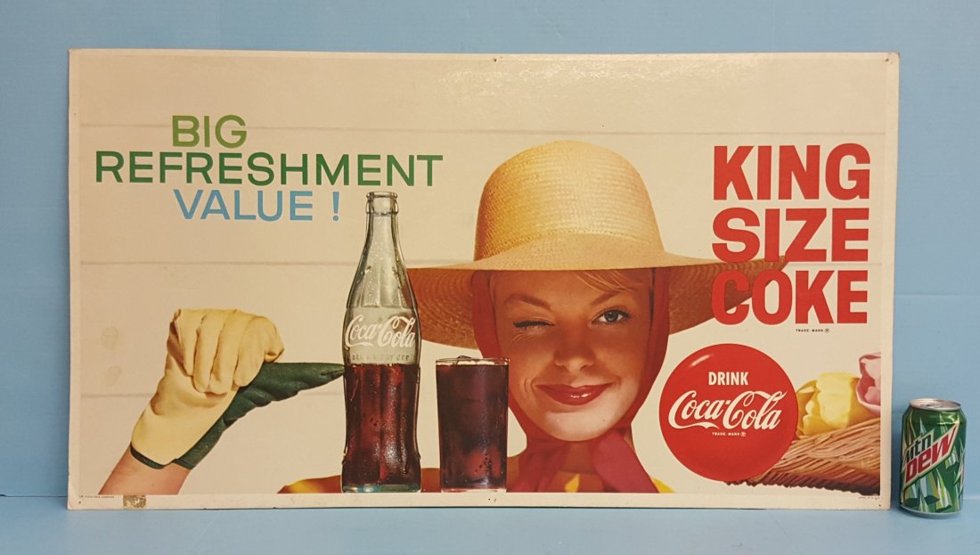 Coca Cola cardboard big refreshment sign: 36" x 20" Original cardboard sign with light scuffs and a few small stains. Please read and understand the payment and shipping terms for this auction prior to placing bids.