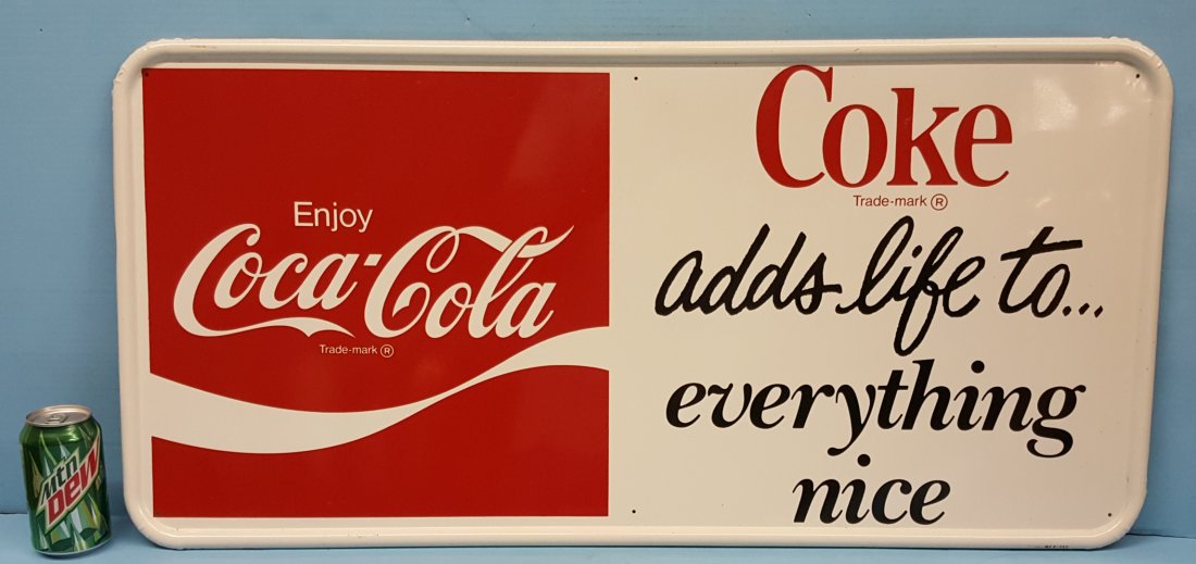 NOS Enjoy Coca Cola Coke adds life sign: 35.5" 17.5" New old stock metal sign in excellent condition. Please read and understand the payment and shipping terms for this auction prior to placing bids.