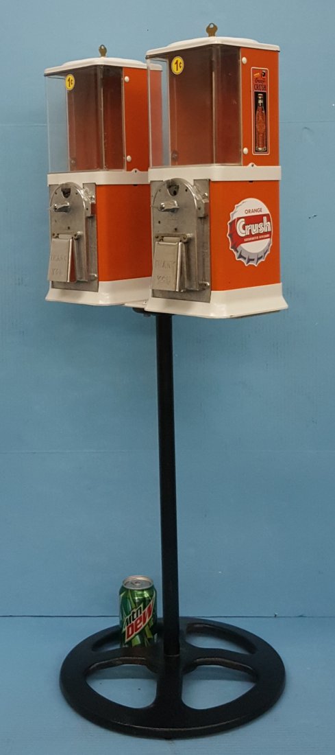 Orange Crush Double Gumball / Candy machine on stand: 40" tall 2 restored 1 cent gumball /candy machines in Orange Crush motif on iron stand. Please read and understand the payment and shipping terms prior to placing bids.