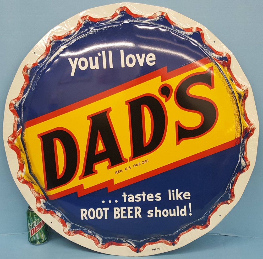 NOS Dad's Root Beer Bottle Cap Sign: 29" New old stock bottle cap sign in excellent condition. Please read and understand the payment and shipping terms for this auction prior to placing bids.
