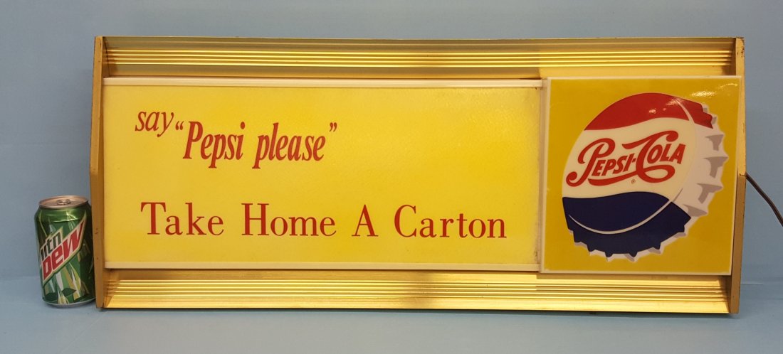Pepsi Cola say "Pepsi please" light up sign: 29" x 12.5" original light up sign with Pepsi Cola bottle cap logo. Plastic front with metal housing and chain in back for hanging. There is a small chip in the plastic on top and bottom which are not