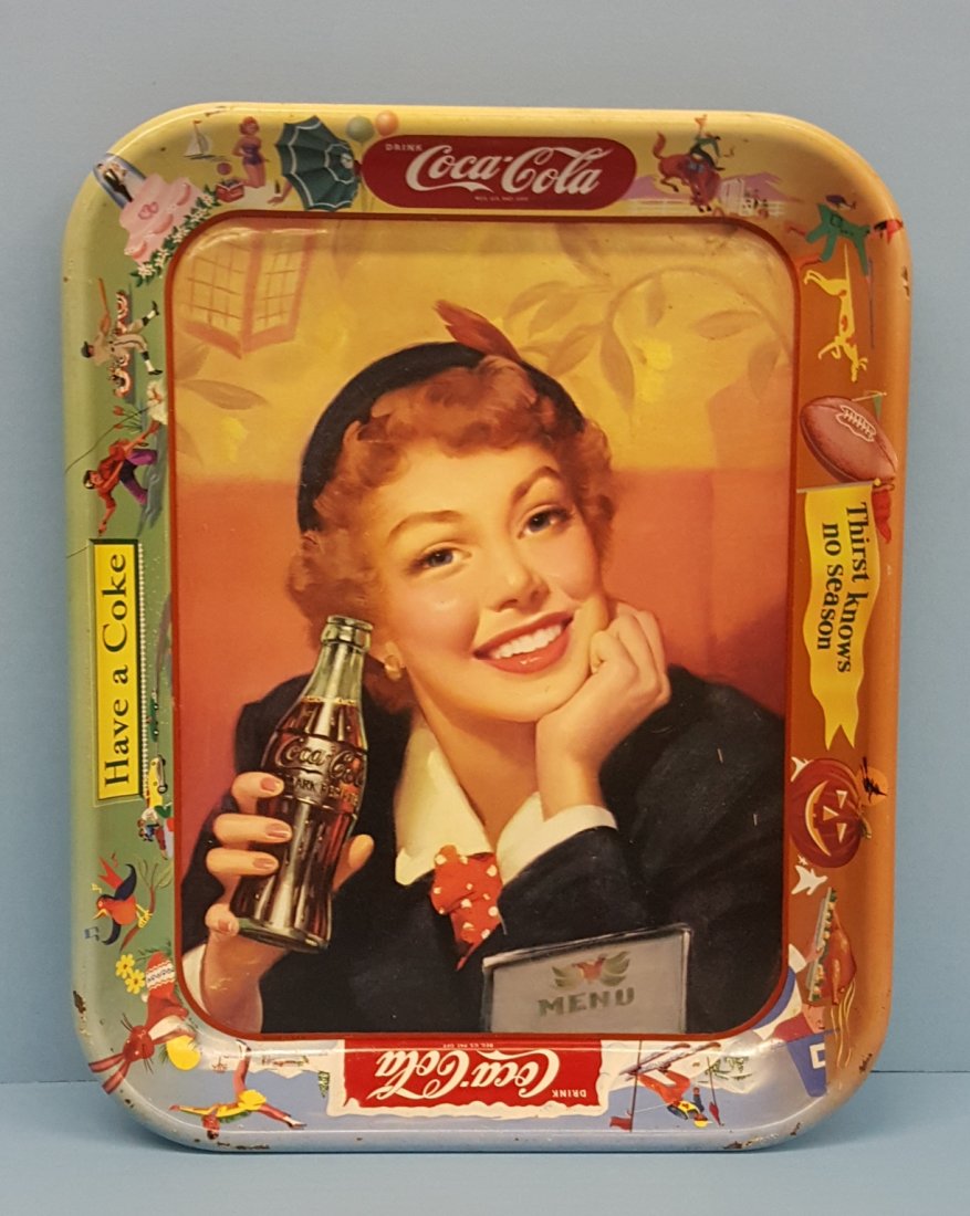 1950's Coca Cola Tray - Thirst Knows No Season: An original tray featuring girl with Coke and menu with scenes of different seasons around the perimeter. Excellent color with minor scuffs. Please read and understand the payment and shipping terms f