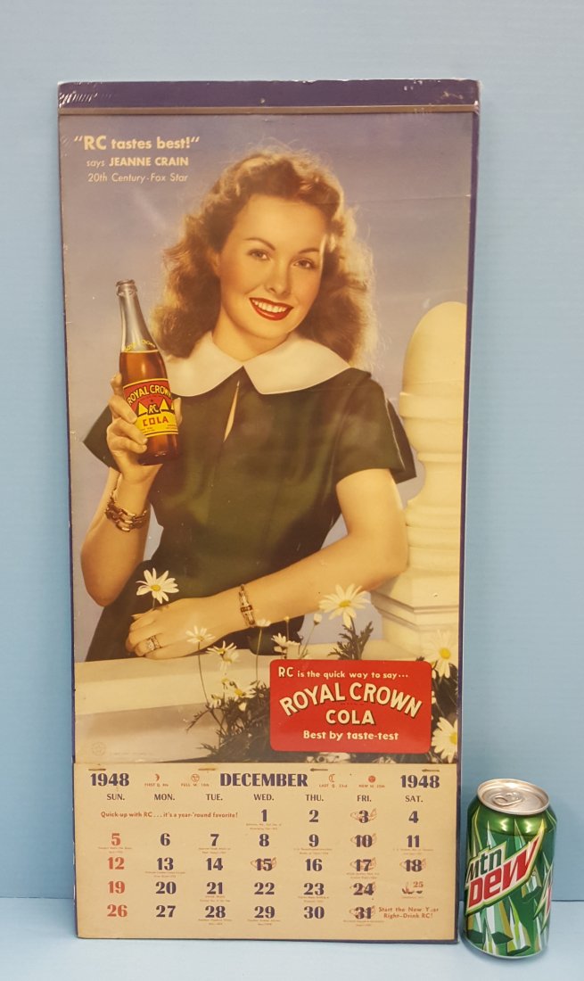 Royal Crown Cola Pinup Girl Calendar: 1949 calendar with picture of Jeanne Crain. The calendar includes the December page from 1948. Please read and understand the payment and shipping terms for this auction prior to placing bids.