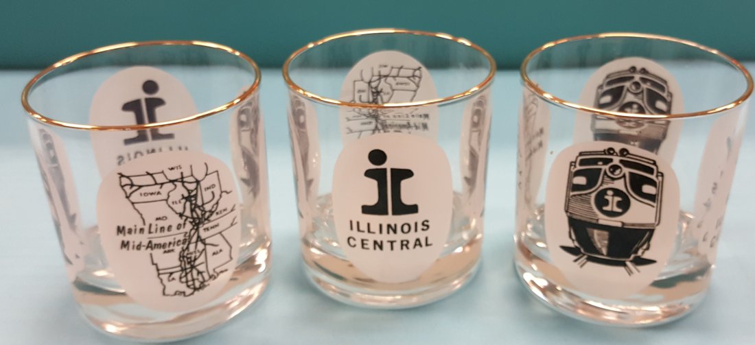 Illinois Central Railroad Drinking Glasses: Three drinking glasses with Illinois Central logo. Excellent condition. Please read and understand the payment and shipping terms for this auction prior to placing bids.