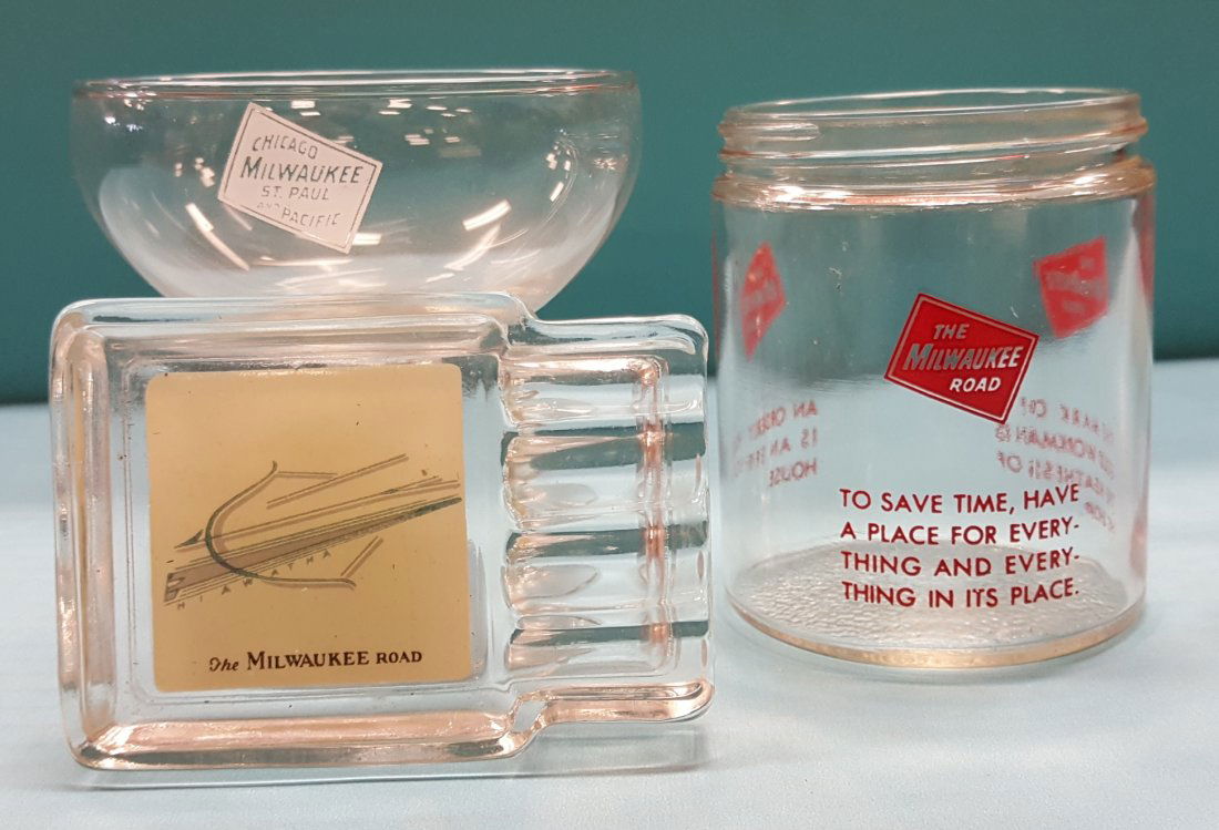 Railroad Desert glass, ashtray, & jar: Desert glass with Chicago, Milwaukee, St. Paul, & Pacific logo. An ashtray and jar with Old Milwaukee Road logo. Please read and understand the payment and shipping terms for this auction prior to pla