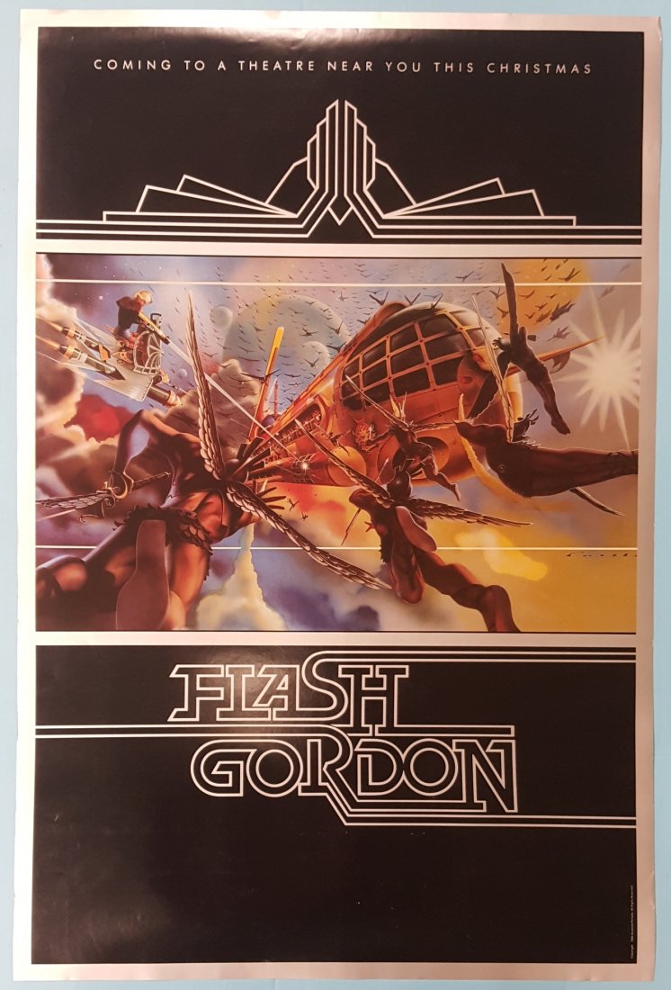 Flash Gordon (Universal 1980) Advance Sheet 25" x 38": A rolled unrestored poster with good color and overall very presentable appearance. It may have signs of general use including slight edge wear, creases, small tears, pinholes, surface scuffs, slight 