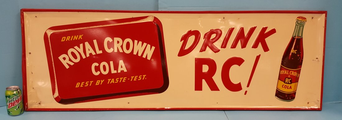 1955 Embossed Royal Crown Cola Drink RC! Tin Sign: 54" x 18" Original embossed tin sign with bright colors, scuffs, scratches and small dents on lower left. Please read and understand the payment & shipping terms for this auction prior to placing bids