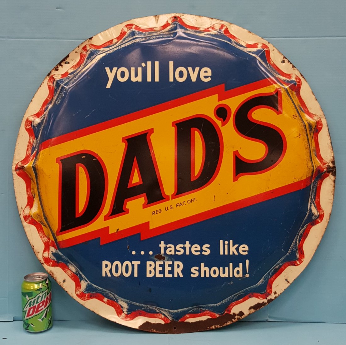 30" Dad's Root Beer Bottle Cap Sign: Original bottle cap sign with scuffs, scratches, and minor rust on the edge. Please read and understand the payment & shipping terms for this auction prior to placing bids.