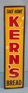 NOS Kern's Bread Tin Vertical Sign: 14" x 54" embossed sign in excellent condition with high gloss and minor stains at top and minor paint flakes on edge. Robertson - 60 is at the bottom of the sign. PLEASE READ AND UNDERSTAND THE