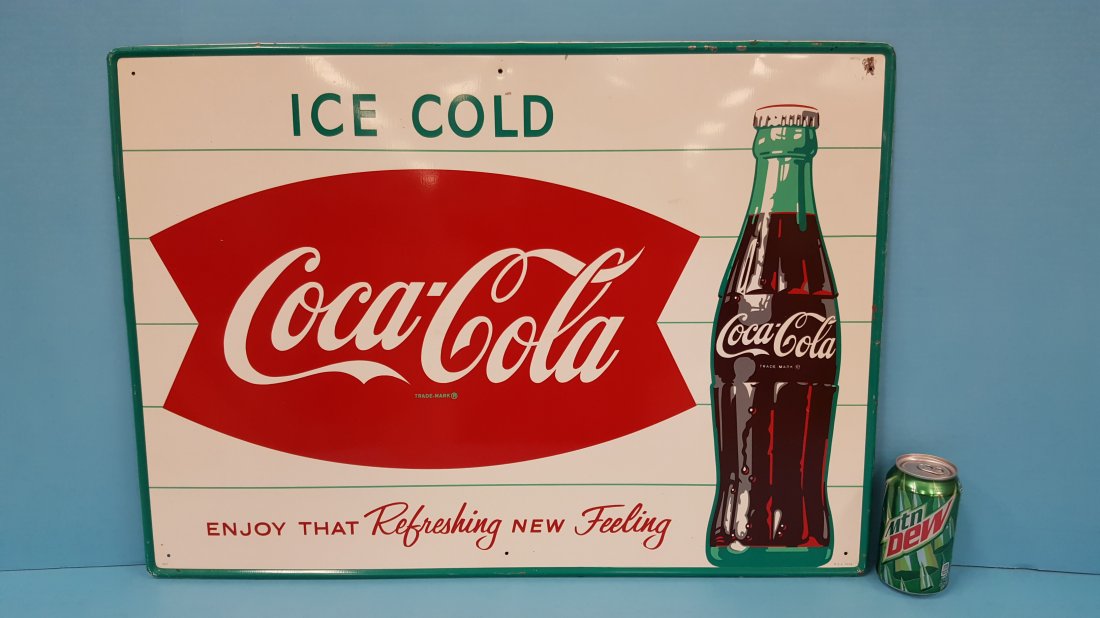 NOS Coca Cola Fishtail Ice Cold Sign with Bottle: 28.75" x 20" Tin Coca Cola sign in excellent condition with very high gloss and some very minor paint flakes on the edge of the sign. PLEASE READ AND UNDERSTAND THE PAYMENT & SHIPPING TERMS FOR THIS A